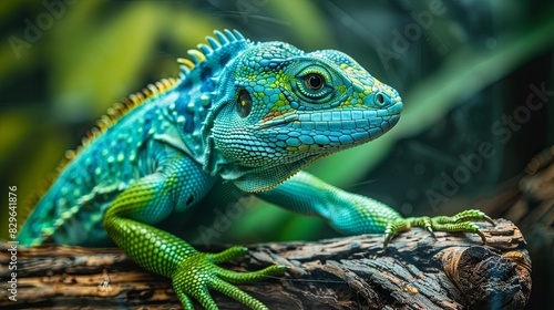 Forest dragon reptile on a branch  Gonocephalus chamaeleontinus  animal closeup