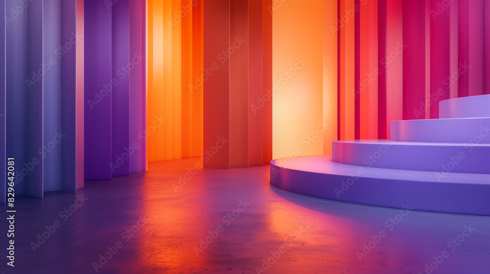 The gradient featuring a spectrum from warm sunset orange to cool lavender, podium, Ideal for creative designs, with copy space The gradient featuring a spectrum from warm sunset orange to cool lavender, podium, Ideal for creative designs, with copy space