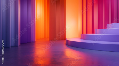 The gradient featuring a spectrum from warm sunset orange to cool lavender, podium, Ideal for creative designs, with copy space