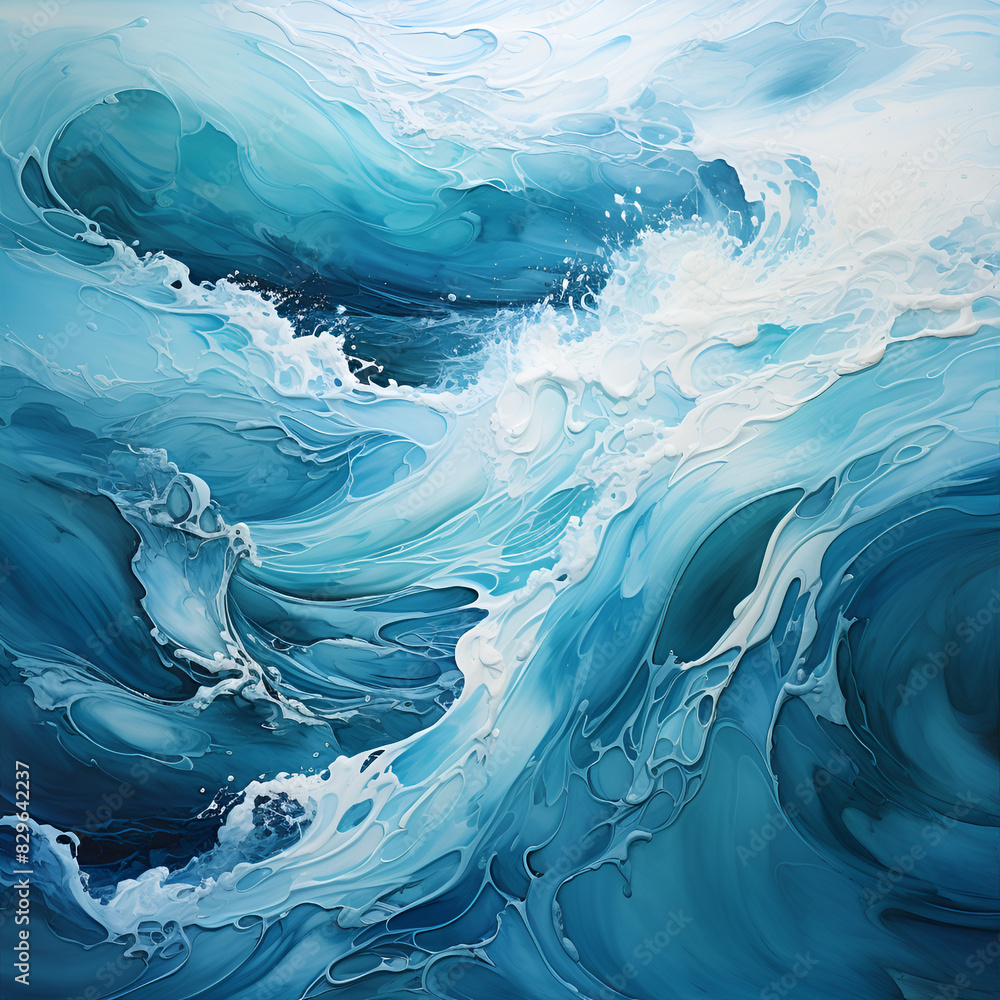 A painting of a massive blue wave crashing in the ocean, A painting of a massive blue wave crashing in the ocean,