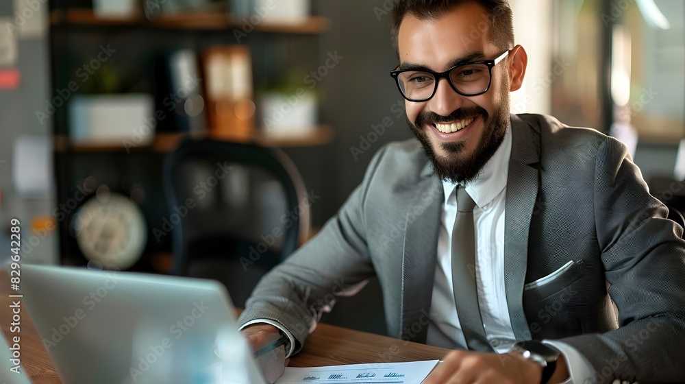 Confident Businessman Happily Working on Laptop at Modern Office Desk Confident Businessman Happily Working on Laptop at Modern Office Desk