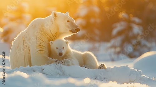 polar bear family, mother and baby together relax on snow. clean and bright white snowfield background with golden sun light