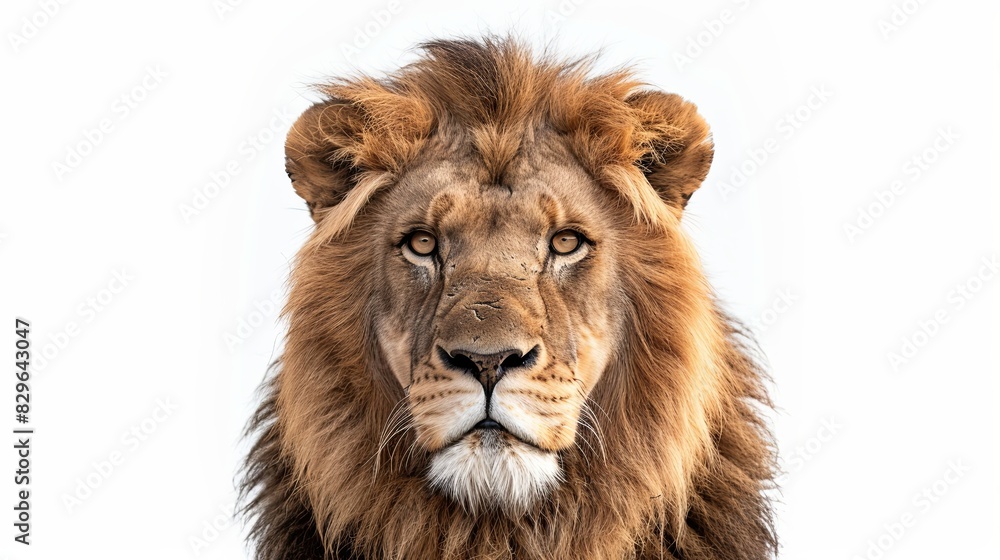 Fototapeta premium Portrait of a Male adult lion looking at the camera, Panthera leo, isolated on white