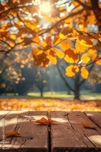 Wooden table in the autumn park. Selective focus.