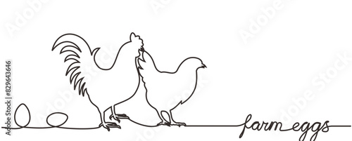 Hen or chicken vector outline,doodle with eggs. Farm eggs lettering, text. One continuous line drawing. Minimal, simple background for label design