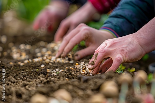 Close-up of hands picking seeds from a plant with soil in the background