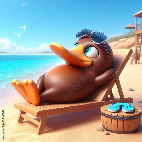 cute platypus relaxation on beach bench cartoon ,3d Generative AI photo