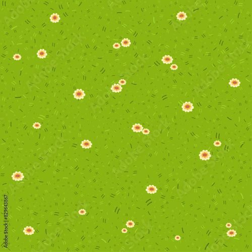 Seamless Cartoon Bright Lawn Grass Patterns with Small Flowers - Fresh, Bright Green Field Texture with Blooms, Green Meadow and Blooming Flowers. Pattern on Ground, Vector Background