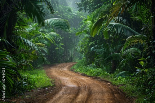 A dirt road runs through thick jungle vegetation  providing a path in the wild surroundings