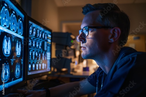 A man wearing glasses is attentively examining data on a computer screen in a dimly lit room