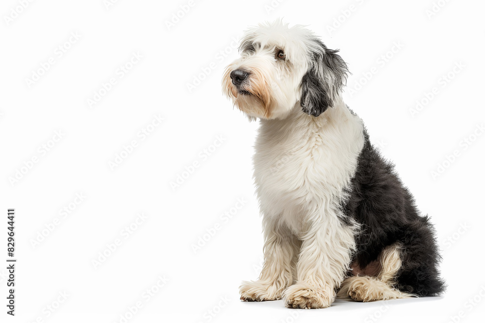 Hermoso y adorable perro con pedegree Boltail o viejo pastor ingles, sentado de perfil sobre fondo blanco Hermoso y adorable perro con pedegree Boltail o viejo pastor ingles, sentado de perfil sobre fondo blanco