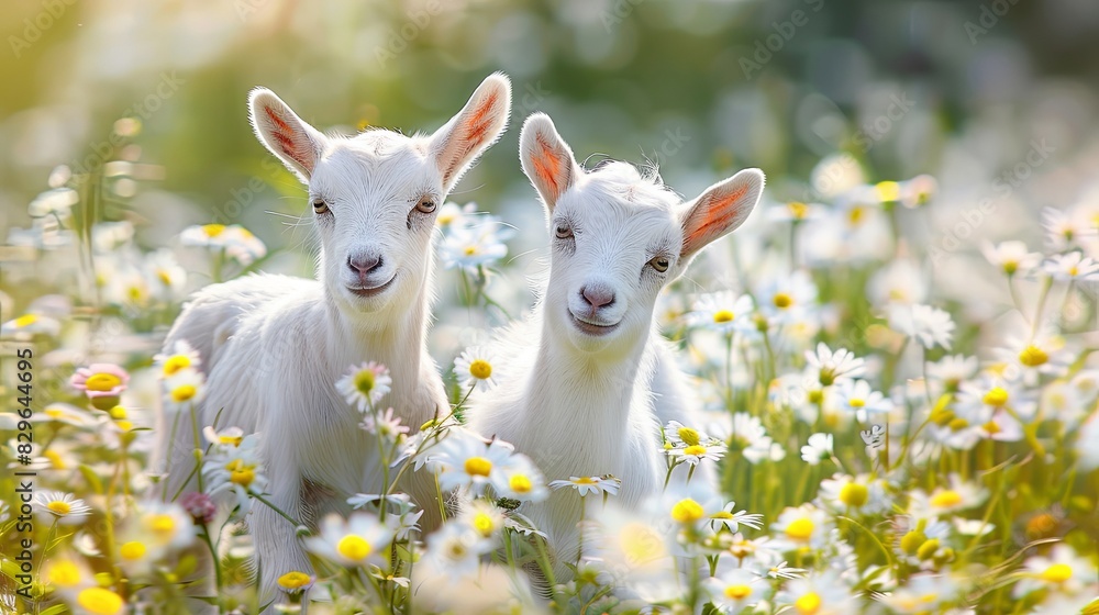 Two little funny baby goats playing in the field with flowers. Farm animals Two little funny baby goats playing in the field with flowers. Farm animals