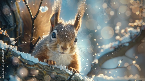 Amazing card with funny fluffy squirrel on a tree on a beautiful magical background.The face of a squirrel with tufted ears and black eyes close-up. Wild animals in winter or springtime in forest