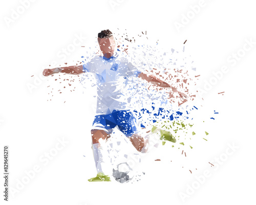 Football, soccer player, isolated low poly vector illustration with dispersion effect
