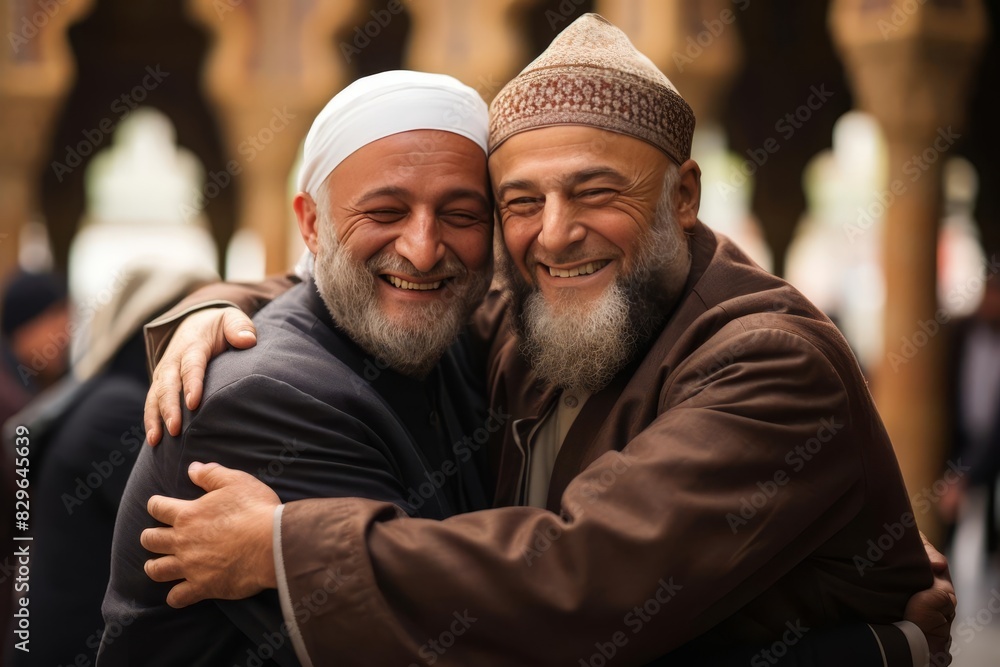 Men hugging after prayers selective focus, focus on brotherhood, realistic, Overlay, mosque courtyard backdrop Men hugging after prayers selective focus, focus on brotherhood, realistic, Overlay, mosque courtyard backdrop
