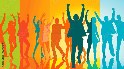 Vibrant silhouettes of people dancing energetically against a multicolored background  capturing the essence of celebration and joy.