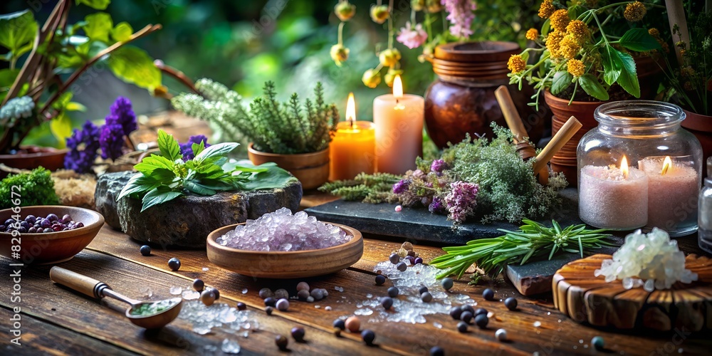 On a wooden table, there are various crystals, dry herbs, lavender candles, a magic table for a ritual, coziness, handmade toys, the nature of a candle, background, wallpaper for a magician On a wooden table, there are various crystals, dry herbs, lavender candles, a magic table for a ritual, coziness, handmade toys, the nature of a candle, background, wallpaper for a magician