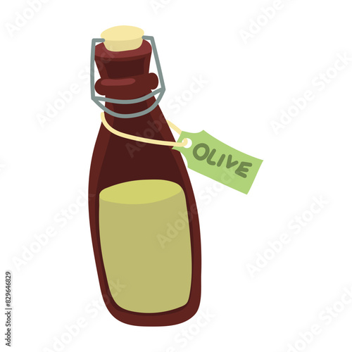 Glass-bottled olive oil, golden, pure, ideal for healthy cooking, dressings, and dips. Enhances flavors with a Mediterranean touch. A dark closed bottle with a piece of paper with the name. Isolated