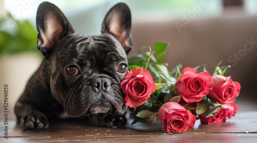 Serene Moment: Small Black Dog Rests Beside Vibrant Red Roses © pvl0707
