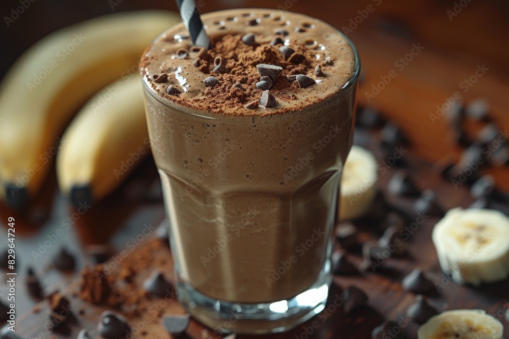 Chocolate Banana Smoothie - Light brown with a dusting of cocoa powder and banana slices. Chocolate Banana Smoothie - Light brown with a dusting of cocoa powder and banana slices.