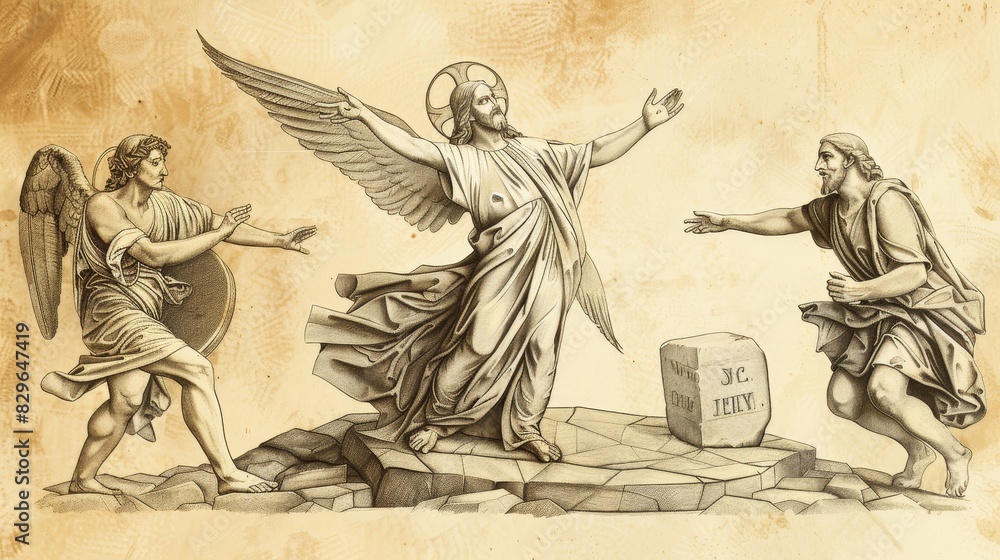 Fototapeta premium Biblical Illustration: Jesus' Resurrection, Angel at Tomb, Guards Faint, Stone Rolled Away, Beige Background, Copyspace