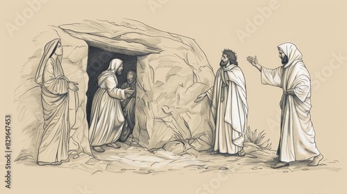 Biblical Illustration: Jesus Raises Lazarus, Martha and Mary Witness, Tomb Scene, Miracle, Beige Background, Copyspace photo