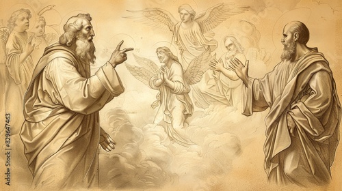 Biblical Illustration: Isaiah's Temple Vision, Seraphim and Holiness, Divine Message, Beige Background, Copyspace