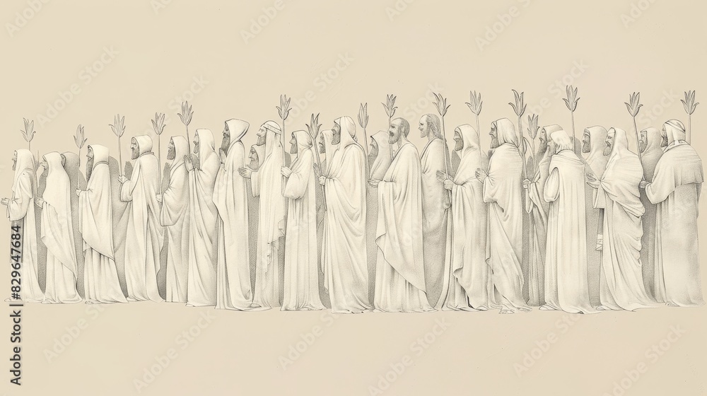 Biblical Illustration: Great Multitude Worships, Nations Before God's Throne, White Robes, Palm Branches, Beige Background, Copyspace