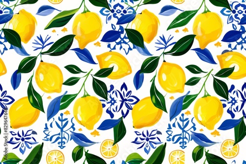 Seamless Pattern of Lemons with Santorini-Inspired Blue and White Tile,  Greece designs. Blue, white geometric patterns and floral motifs.for textiles, wallpapers, home decor. Mediterranean style.
