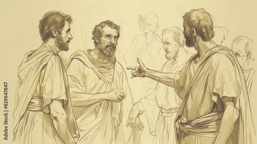 Biblical Illustration: Stoning of Stephen, Saul Witnesses, Vision of Jesus, Beige Background, Copyspace Biblical Illustration: Stoning of Stephen, Saul Witnesses, Vision of Jesus, Beige Background, Copyspace