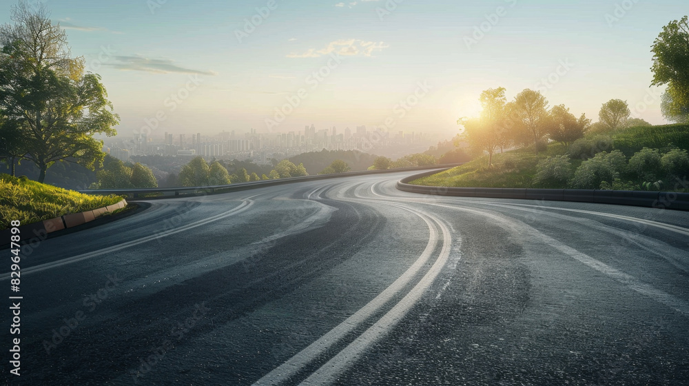 Scenic view of curved asphalt road leading to city on a sunny day. Scenic view of curved asphalt road leading to city on a sunny day.