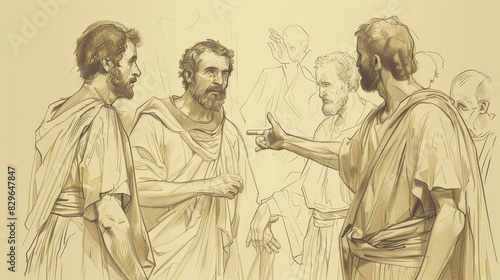 Biblical Illustration: Stoning of Stephen, Saul Witnesses, Vision of Jesus, Beige Background, Copyspace