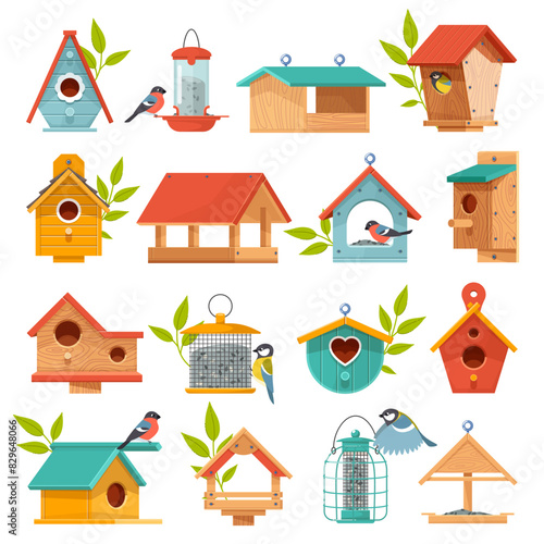 Wooden bird feeders and houses. Cute homemade nests, different designs, bullfinches and tits winter support, places for seeds, cartoon flat style isolated illustration vector birdhouse set