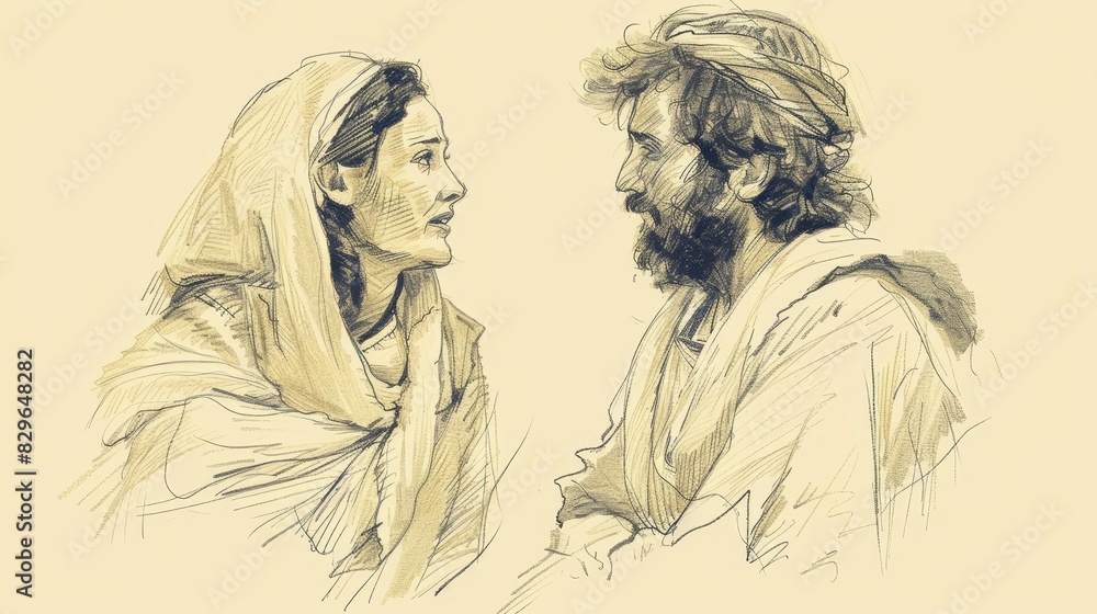 Biblical Illustration: Jesus and the Samaritan Woman, Jacob's Well, Messiah Revealed, Beige Background, Copyspace