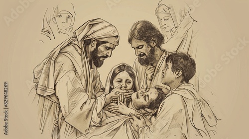Biblical Illustration: Jairus' Daughter Raised, Jesus' Miracle, Family's Joy, Beige Background, Copyspace
