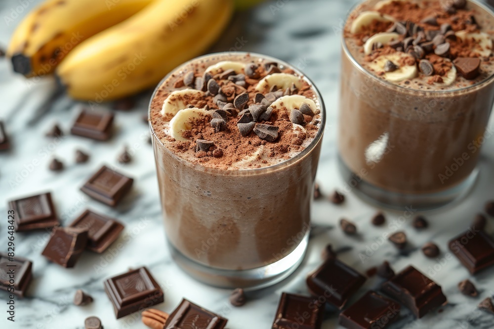 Chocolate Banana Smoothie - Light brown with a dusting of cocoa powder and banana slices. Chocolate Banana Smoothie - Light brown with a dusting of cocoa powder and banana slices.
