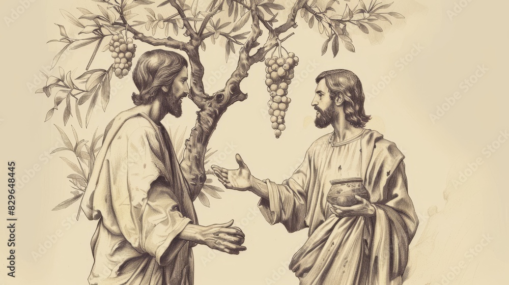 Fototapeta premium Biblical Illustration: Jesus as the Vine, Teaching on Branches, Vineyard and Fruit, Beige Background, Copyspace