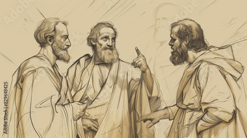 Biblical Illustration: Philippian Jailer's Salvation, Paul and Silas, Asking for Faith, Beige Background, Copyspace © T Studio