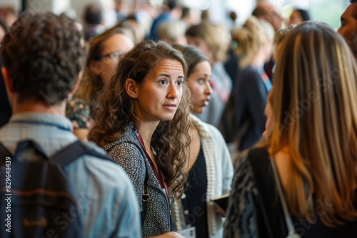 A diverse group of people standing in a crowded conference hall, engaged in conversations and networking with each other