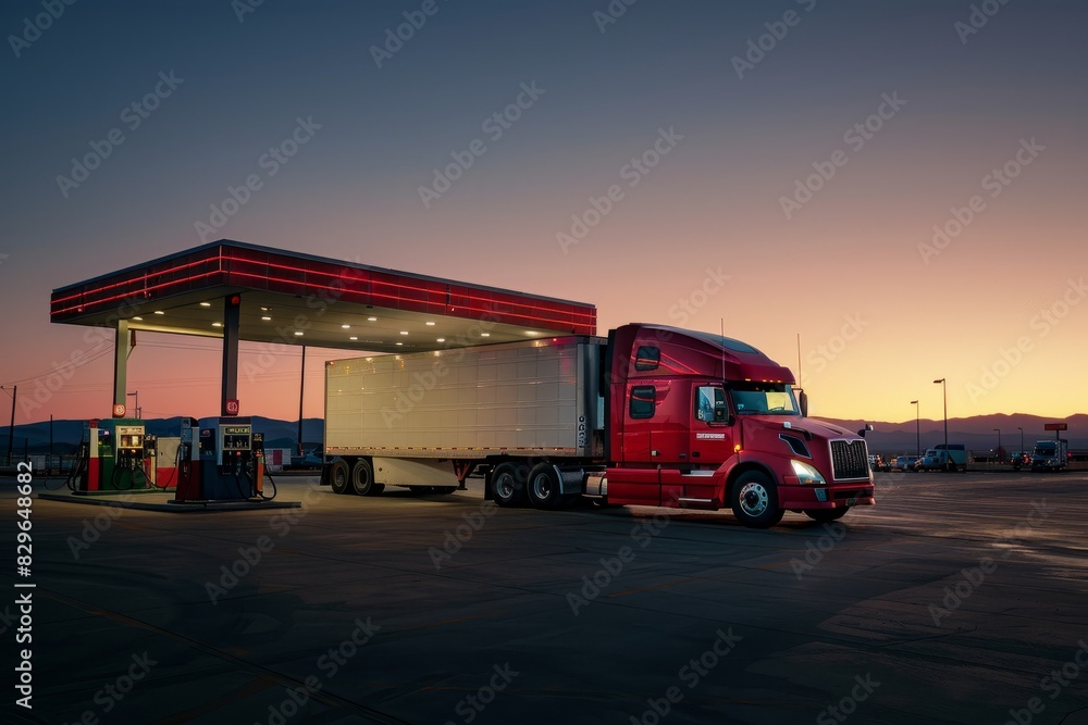 A red semi truck is parked at a gas station with fuel pumps and a convenience store in the foreground