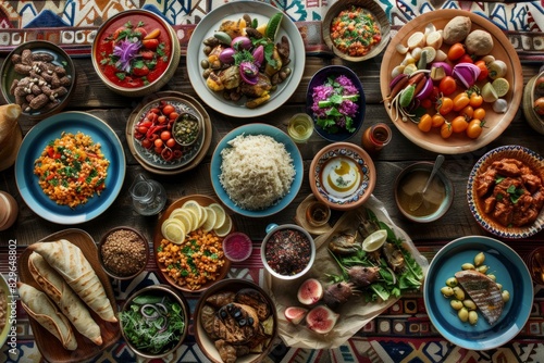 A table filled with an assortment of traditional dishes from different cultures, showcasing a variety of foods © Ilia Nesolenyi