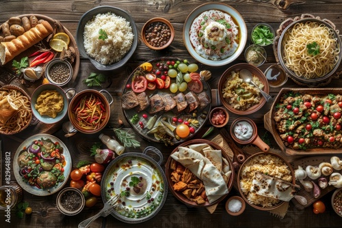 A variety of traditional dishes from different cultures displayed on a table  showcasing a diverse assortment of food items