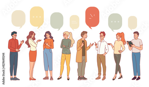 Group of communicating friends. Talking people, men and women discussing topic, dialogue speech bubbles, conversation symbols, meeting and debate, cartoon flat isolated illustration, vector set