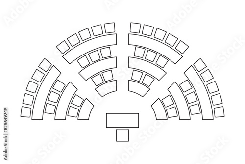 Auditorium seatings plan top view, semicircle arrangment. Schema of seats in classroom, lectorium or meeting, conference, training or seminar event. Desks and chairs icons. Vector illustration
