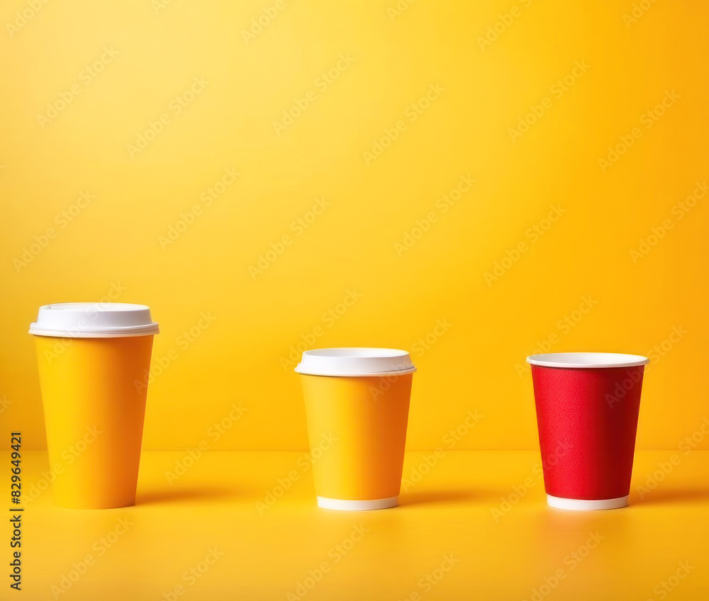 Bright minimalist coffee cup trio pop art on vibrant yellow background. Bright minimalist coffee cup trio pop art on vibrant yellow background.