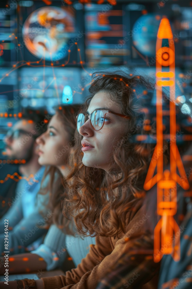 Fototapeta premium Creative team generating ideas in startup-filled office environment.