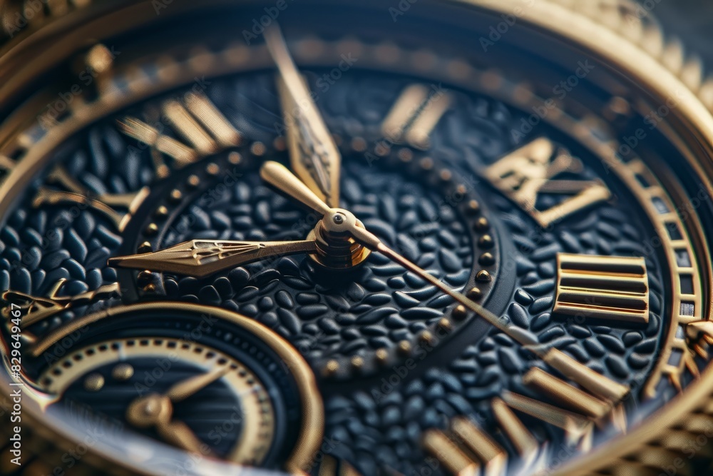 A detailed closeup of a luxury watch face with Roman numerals, showcasing precision engineering and craftsmanship