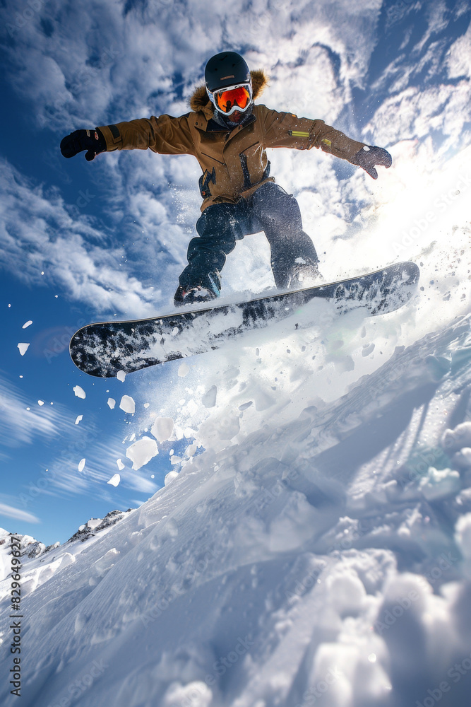 Snowboarder launches into brilliant sky, chasing excitement and adventure