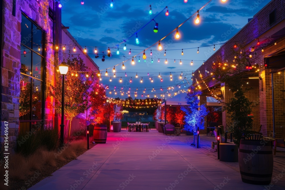 A walkway at night adorned with glowing string lights