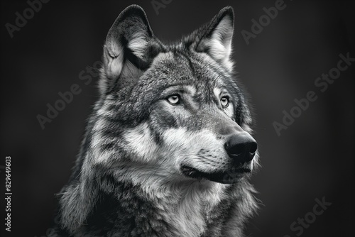 A black, white picture of a grey wolf with a dark background © Linh